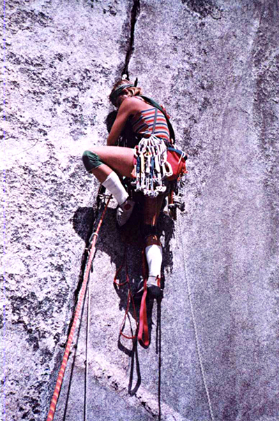 Ionia climbing El Capitan in Yosemite Valley in 1983. 1500-feet up the 3000-foot face of the Salathé Wall.